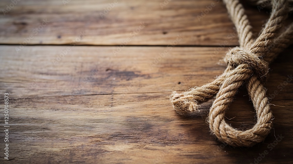 Aufkleber closeup of twisted natural rope on rustic wooden surface : generative ai