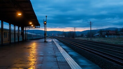 Fototapeta premium Dramatic Evening Train Station Scene with Wet Platform and Cloudy Sky Reflecting Twilight Colors : Generative AI