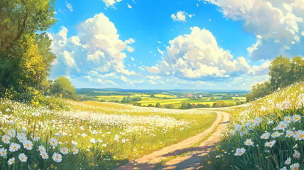 自然豊かな田園と満開の花々｜心和む風景イラスト