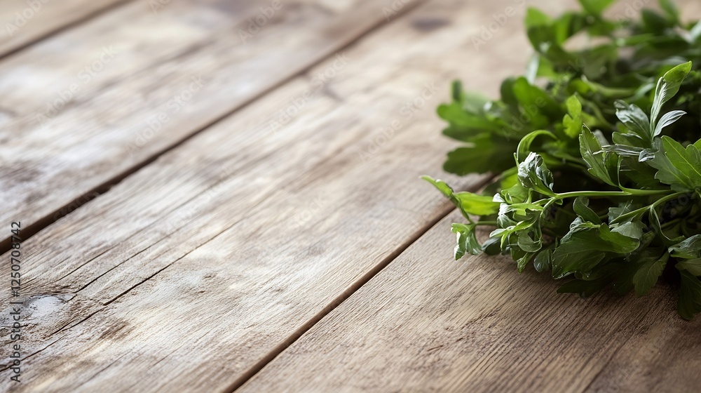 Poster Fresh green herbs laid out on rustic wooden table creating a warm and inviting cooking environment : Generative AI