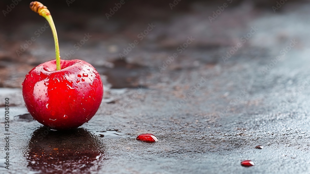 Poster single fresh red cherry with water droplets on a dark reflective surface showcasing freshness and vi