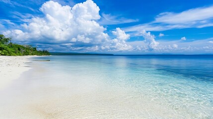 Obraz premium Serene tropical beach with turquoise water and fluffy clouds contrasted by the vibrant green coastline : Generative AI