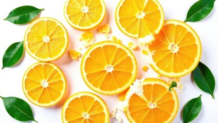 Obraz premium Top view of Fresh orange fruit with sliced and green leaves isolated on white background.