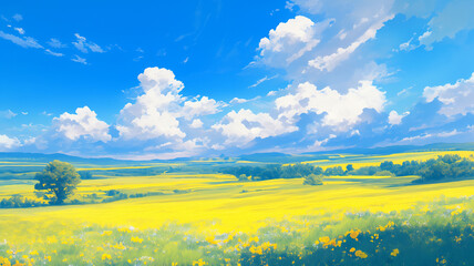 Obraz premium 広がる大地と花々｜牧歌的な田園の風景