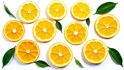 Top view of Fresh orange fruit with sliced and green leaves  isolated on white background.