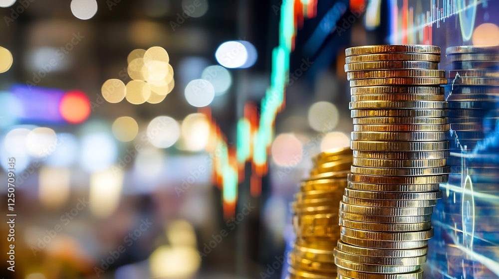 Aufkleber piles of coins stacked against a blurred financial market background showing growth and investment o