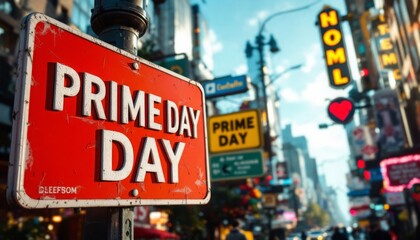 Prime Day Sign on Street with Cityscape Background for Shopping Season