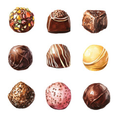Obraz premium A collection of assorted chocolates displayed in a grid, featuring various shapes and toppings.