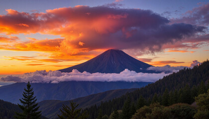 Fototapeta premium Dramatic volcanic clouds over Mt. Kirishima at fiery sunset, nature's power