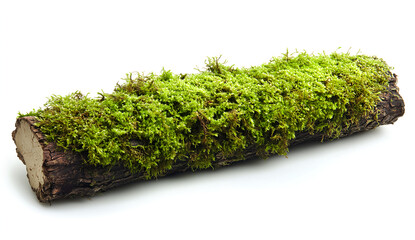 Isolated mossy log on a white background, with green moss, in sharp focus using a macro lens, studio photography. 