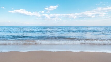 Fototapeta premium Tranquil ocean view with gentle waves lapping on a sandy beach under a clear blue sky summer day : Generative AI