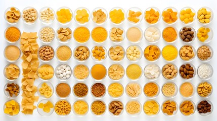 Beautifully composed image showcasing a harmonious arrangement of various dry food ingredients with warm golden hues against a clean white background