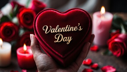 Heartshaped velvet box held in hand surrounded by roses and candles, celebrating love on Valentine's Day during an international holiday