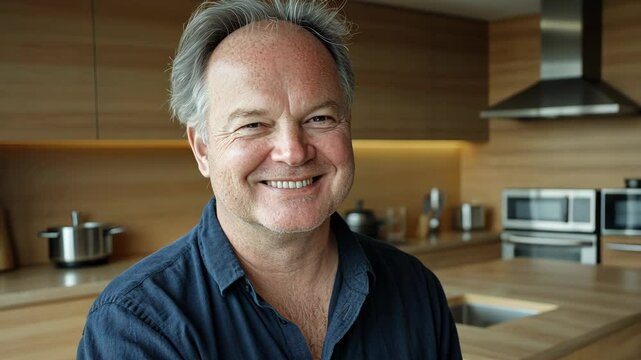 Chef smiles warmly in modern kitchen showcasing culinary passion and artistry during a cooking session