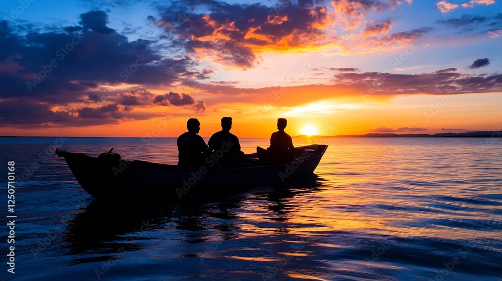 Poster silhouettes of three individuals sitting in a boat enjoying a romantic sunset over still water creat