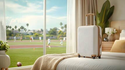 Comfortable vacation suite with a view of the lush tennis court and tropical scenery beyond the window  Cozy and modern interior design with a suitcase luggage and decor elements