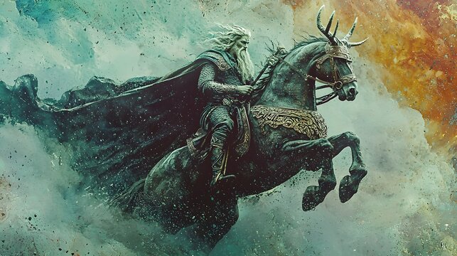 58. A vibrant depiction of Odin riding Sleipnir on a bright gray and green pastel backdrop