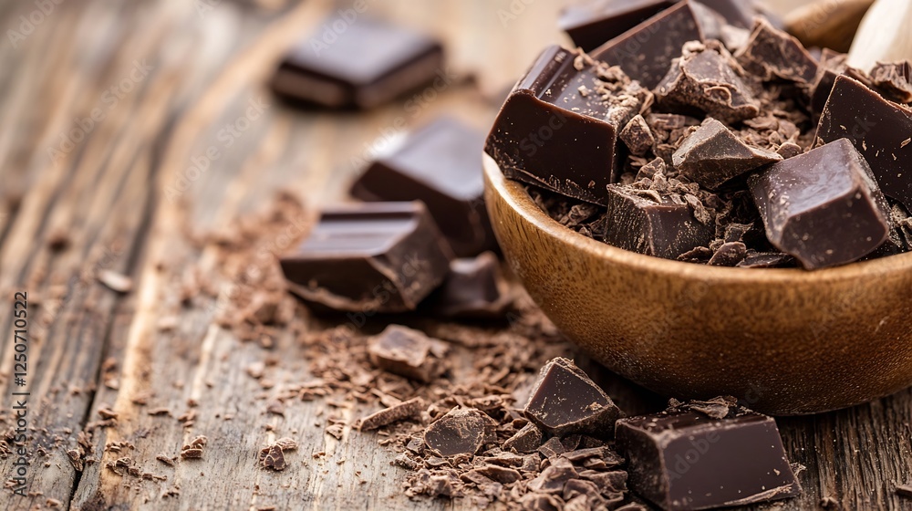 Aufkleber a closeup view of dark chocolate chunks and shavings on a wooden surface showcasing rich texture and