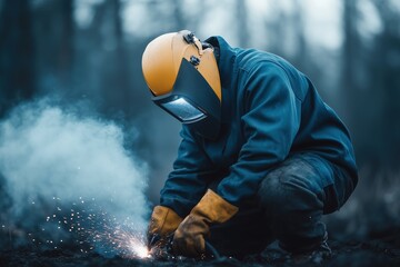 Welder wearing protective gear working with bright sparks outdoors. Skilled labor and safety.