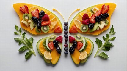 Fototapeta premium Fruit Butterfly: Creative Food Art with Mango,Kiwi & Berries