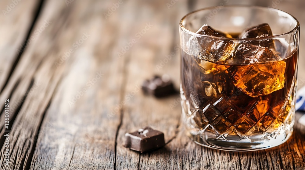 Poster rich dark whiskey with ice cubes in a stylish glass on a rustic wooden table : generative ai