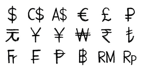 Hand drawn currency symbol set Dollar euro pound ruble yuan yen won rupee lira franc peseta baht ringgit rupiah