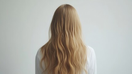 Naklejka premium Beautiful model girl with Blond hair strand,silky healthy wavy hair strand,hair wavy ribbon, with smooth,Keratin straightening,Treatment,straight long hair,procedures,Smooth hairstyle.
