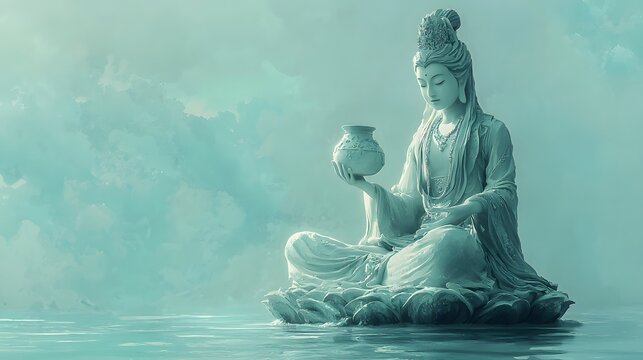 78. A peaceful rendering of Quan Yin holding a water jar against a soft turquoise pastel background