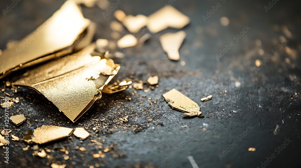Poster shiny gold leaf fragments scattered on dark surface for art or design : generative ai
