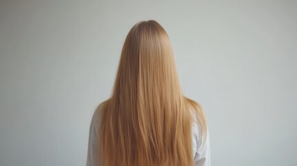 Naklejka premium Beautiful model girl with Blond hair strand,silky healthy wavy hair strand,hair wavy ribbon, with smooth,Keratin straightening,Treatment,straight long hair,procedures,Smooth hairstyle.