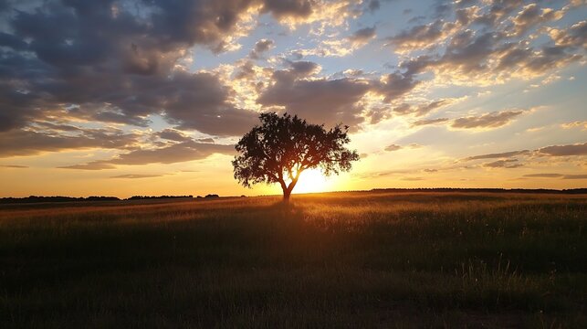 Stunning sunset creating a silhouette of a lone tree on a vast grassy field with dramatic clouds : Generative AI
