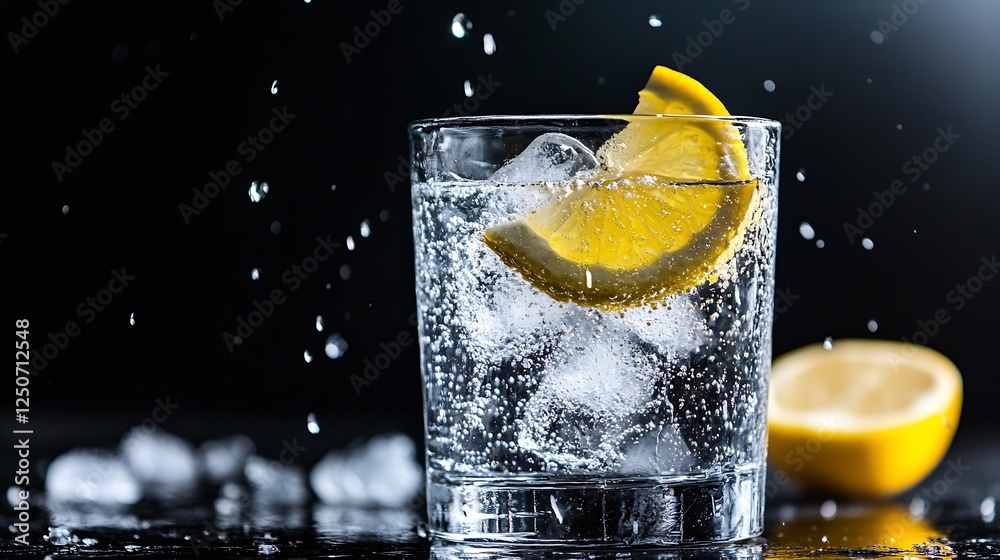 Fototapete refreshing lemon slice in sparkling water with ice cubes splashing in a glass : generative ai