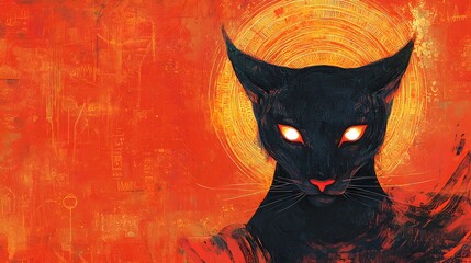 88. A bright depiction of Sekhmet with glowing eyes on a red-orange pastel background