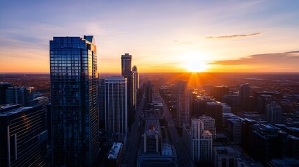 Fototapeta premium Stunning Sunset Over a Modern City Skyline Showcasing Urban Architecture and Natural Beauty : Generative AI