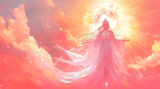 90. A glowing depiction of Amaterasu with bright solar rays on a glowing pastel sky background