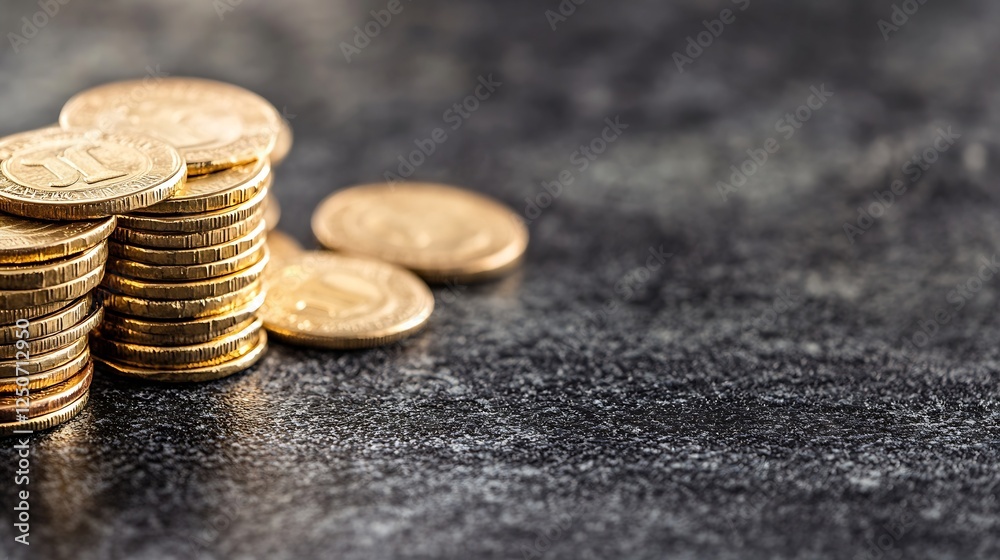 Leinwandbilder stacks of shiny gold coins resting on a dark surface in a neat arrangement : generative ai