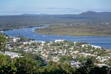 Fototapeta premium noosa river from laguna lookout, scenic view, travel tourism sightsee, Queensland Australia, tropical summer holiday vacation destination