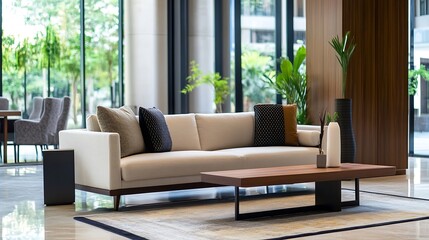 Fototapeta premium Stylish modern living room featuring a plush sofa wooden coffee table and large windows filled with natural light : Generative AI