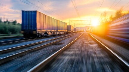 Fototapeta premium Vibrant sunset over fastmoving freight train with colorful shipping containers on the tracks : Generative AI