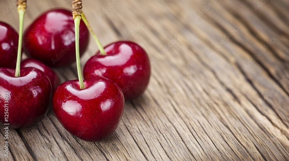 Poster fresh red cherries on a rustic wooden table with a natural background highlighting their luscious ap