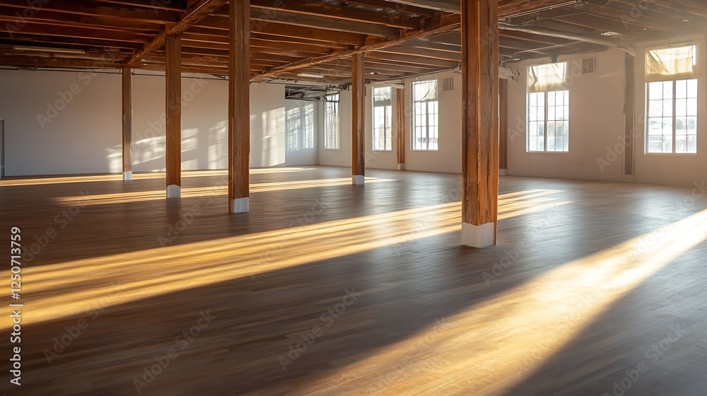 Poster spacious empty room with wooden floors and sunlight streaming through large windows : generative ai