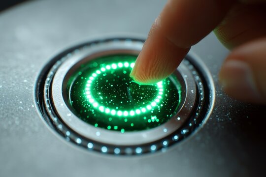 Pressing the glowing green start button on a modern device to activate functions