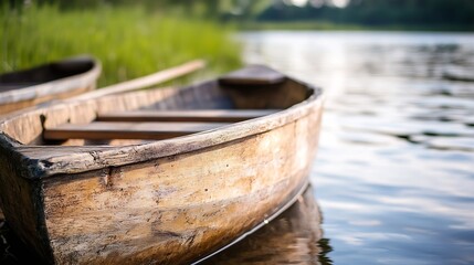Obraz premium Rustic wooden boat resting on calm waters surrounded by lush greenery and tranquility : Generative AI