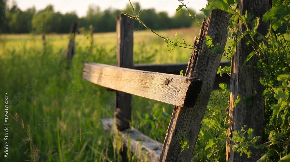 Poster old wooden fence post surrounded by lush greenery in a serene countryside setting : generative ai
