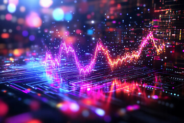 Fototapeta premium High-Tech Waveform Display with Metallic Colors Pulsing Over Circuit Board Background in 2D and 3D Layers for Futuristic and Technological Visuals