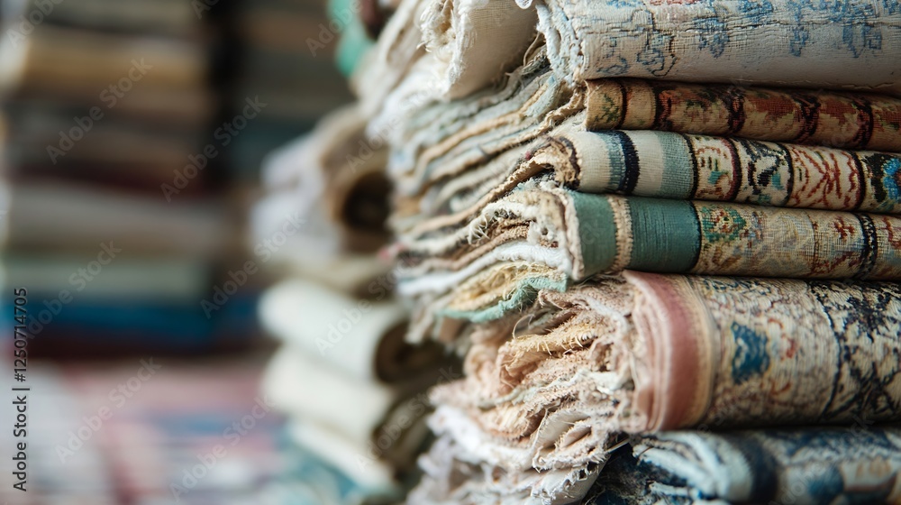 Leinwandbilder beautifully stacked textiles showcasing rich colors and patterns in a cozy setting : generative ai