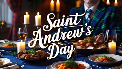 Celebrating Saint Andrews Day with traditional Scottish food and festive decorations at a beautifully set table in a cozy dining area