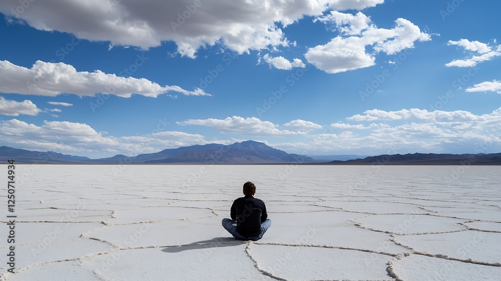 Poster man sitting quietly on dry salt flat beneath a dramatic sky offering a moment of reflection and soli