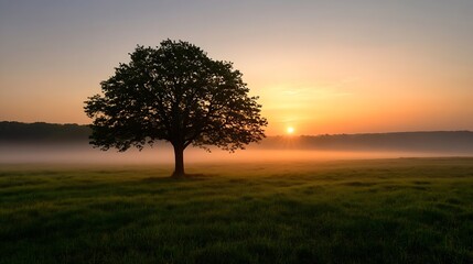 Obraz premium Majestic solitary tree standing in a vibrant meadow during a serene sunrise with mist settling over the grass : Generative AI