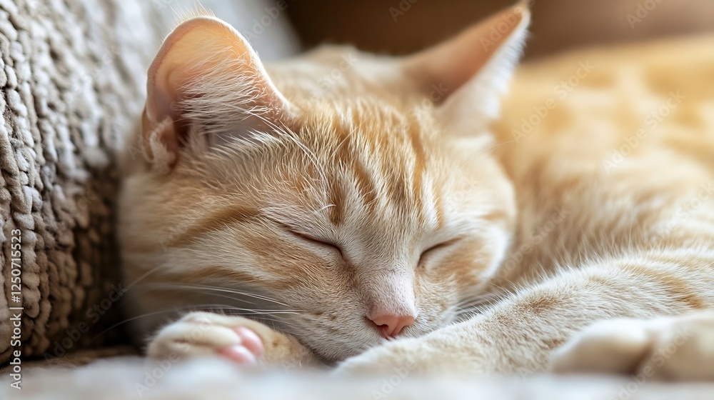 Poster cute ginger cat sleeping peacefully on a comfortable couch illustrating relaxation and pet enjoyment